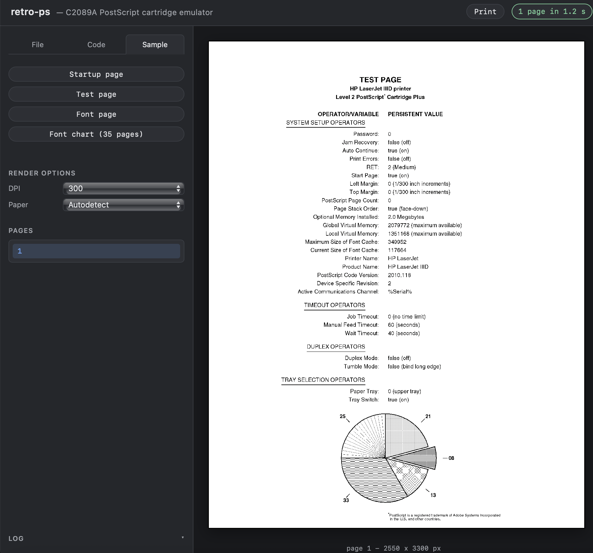 retro-ps in the browser, rendering the cart's own test page